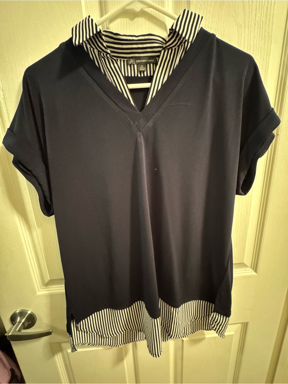 Adrianna Papell Navy V-Neck Layered-Look Top with Black & White Stripe Trim